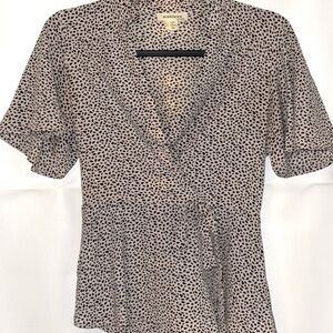 Black and White Wrap Blouse with Notched Collar